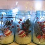 close up of christmas old blue mason jars