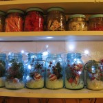 add some artificial snow and christmas picks to mason jars 