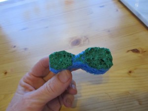 dip the damp sponge in green paint